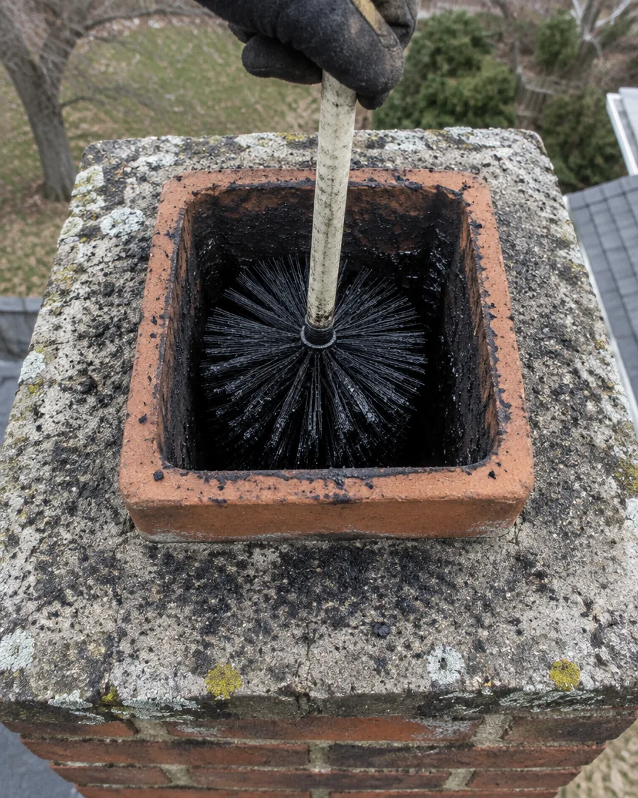 Chimney brush on rods being worked down a clay tile flue