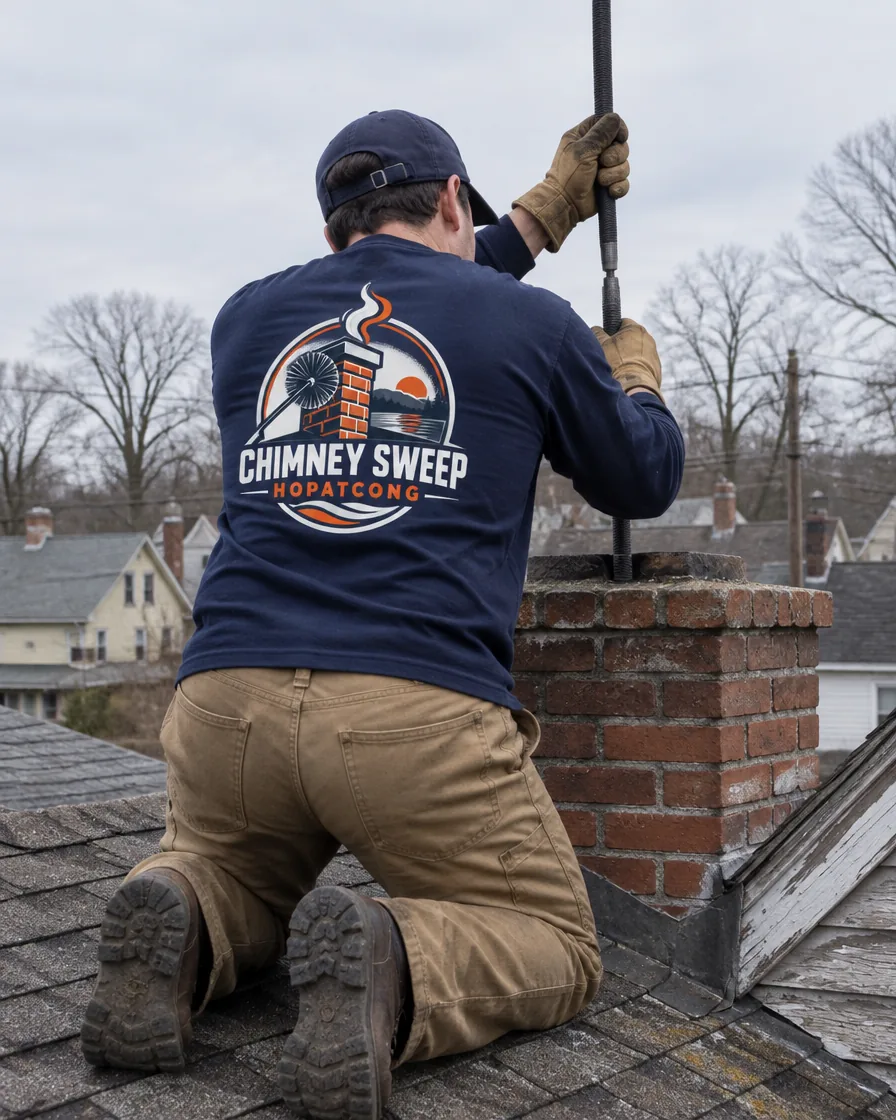 Chimney sweep at a brick chimney on an older village house