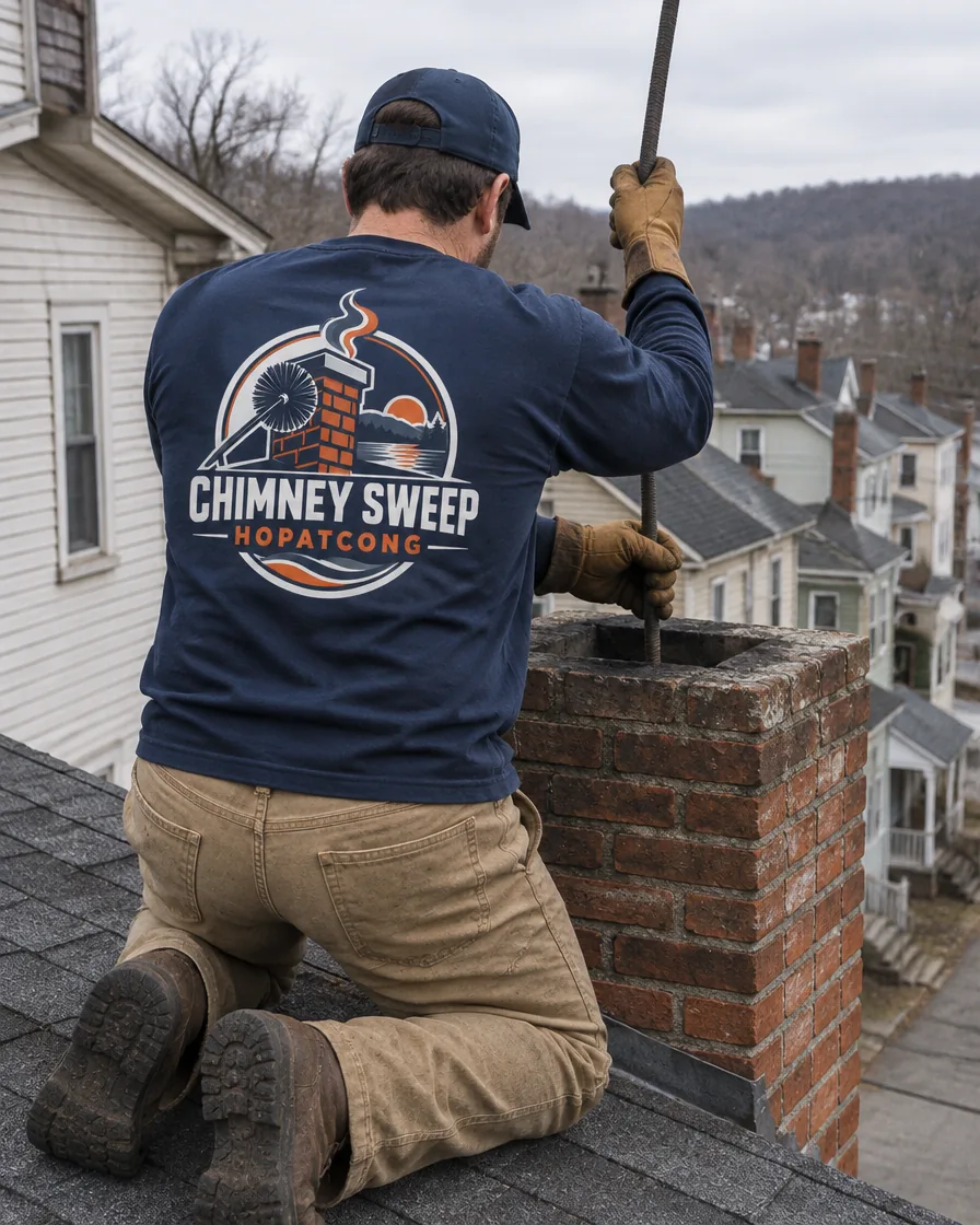 Chimney sweep at a brick chimney on an older house on a hillside street