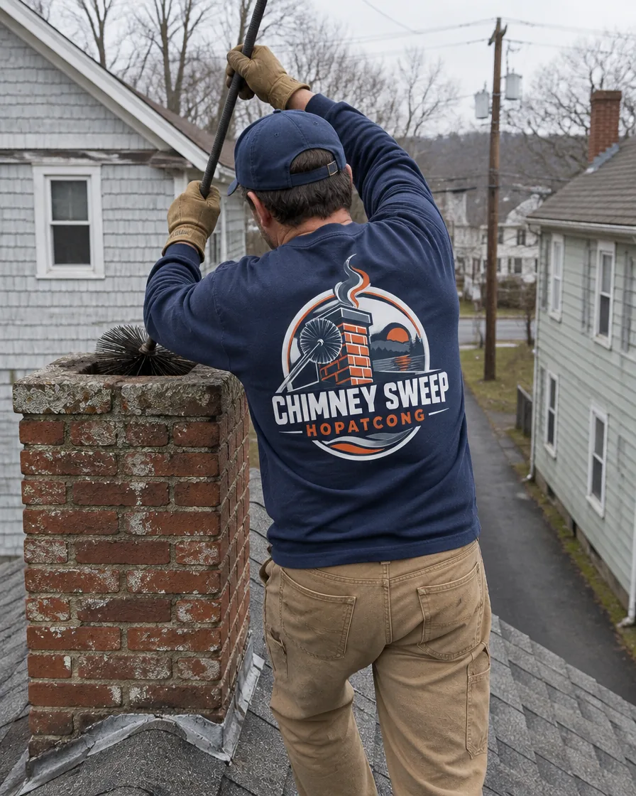 Chimney sweep at a brick chimney on an older two-storey village house