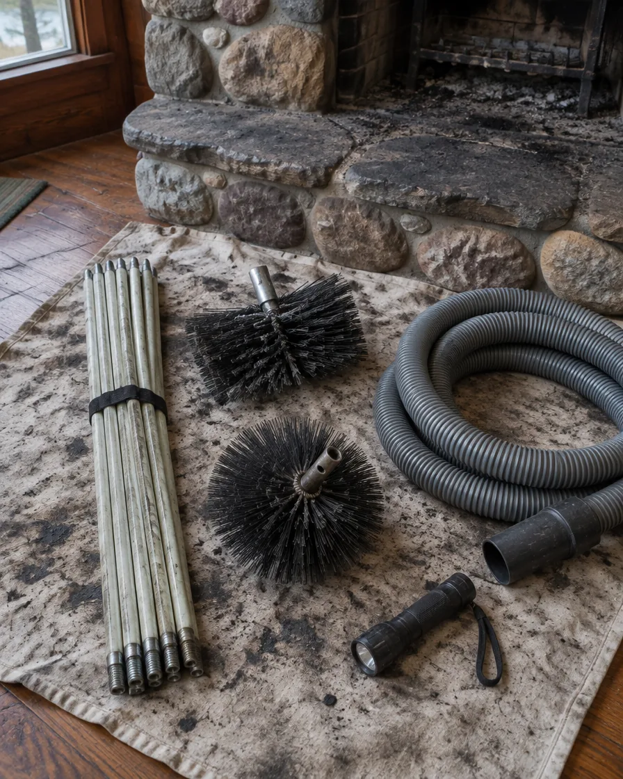 Chimney sweep brushes, rods and a vacuum hose laid out on a drop cloth