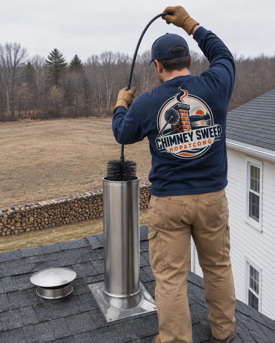 Chimney sweep brushing a stainless stove chimney on a rural farmhouse