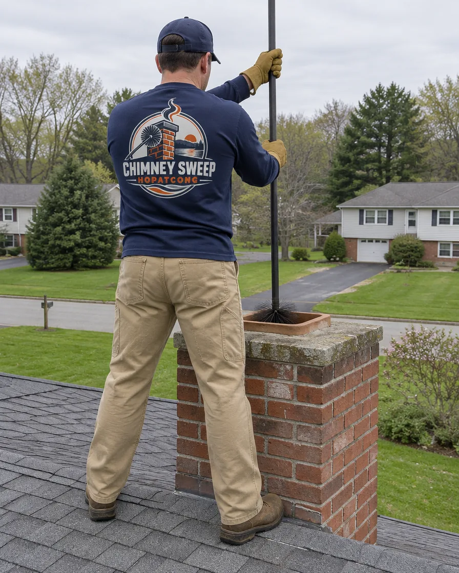 Chimney sweep standing at a brick chimney on a suburban house roof
