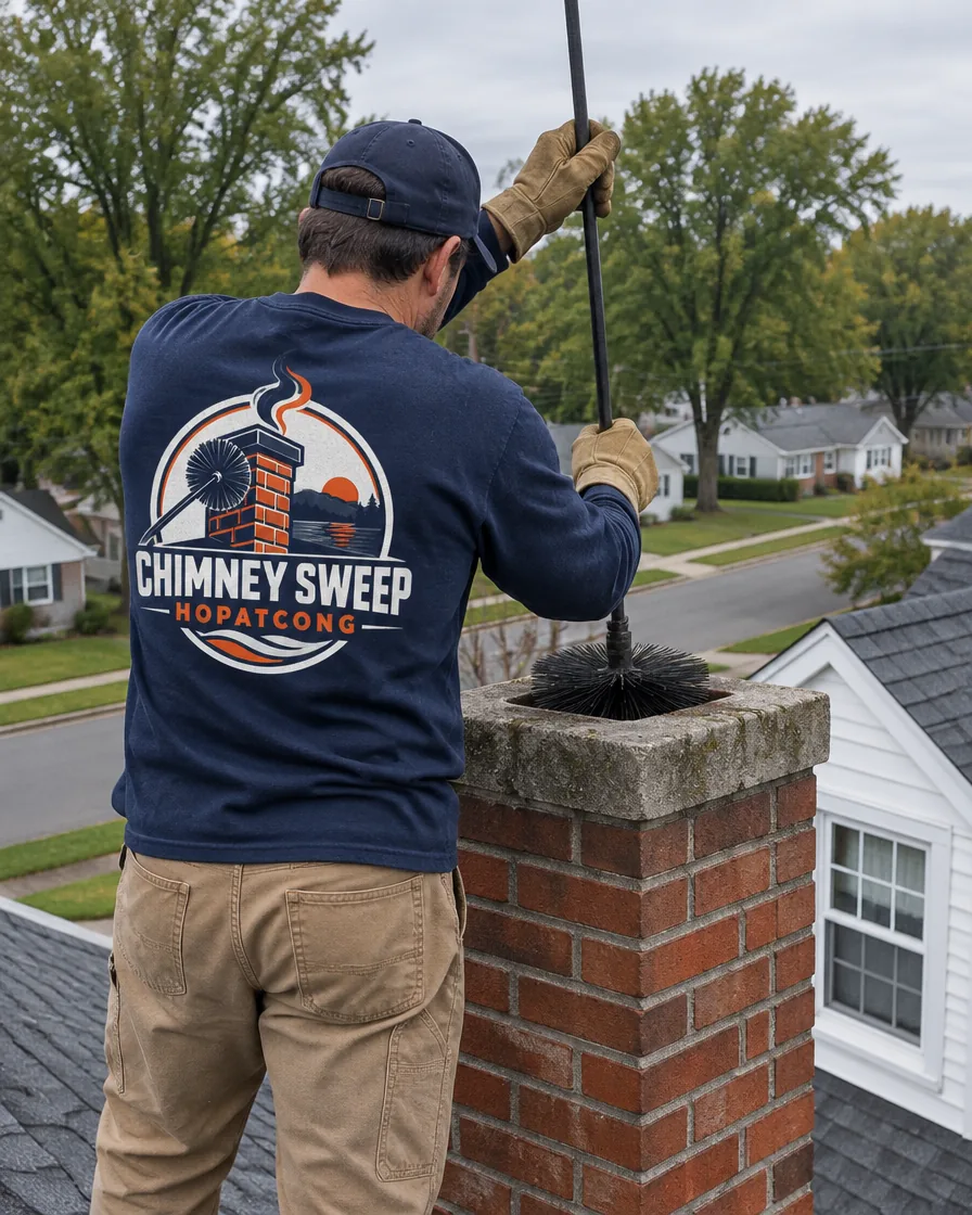 Chimney sweep at a brick chimney on a Cape Cod style house