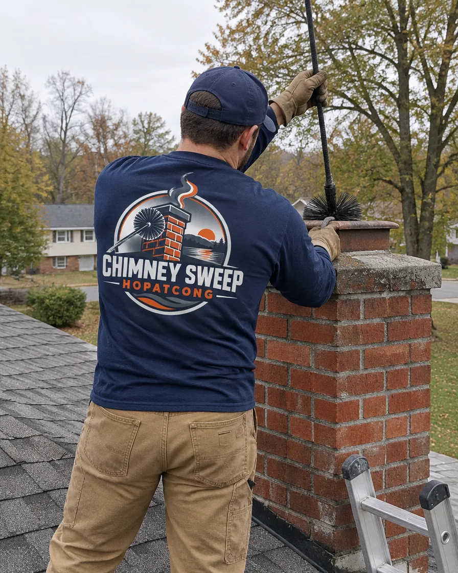 Chimney sweep on the roof of a mid-century suburban house with a brick chimney