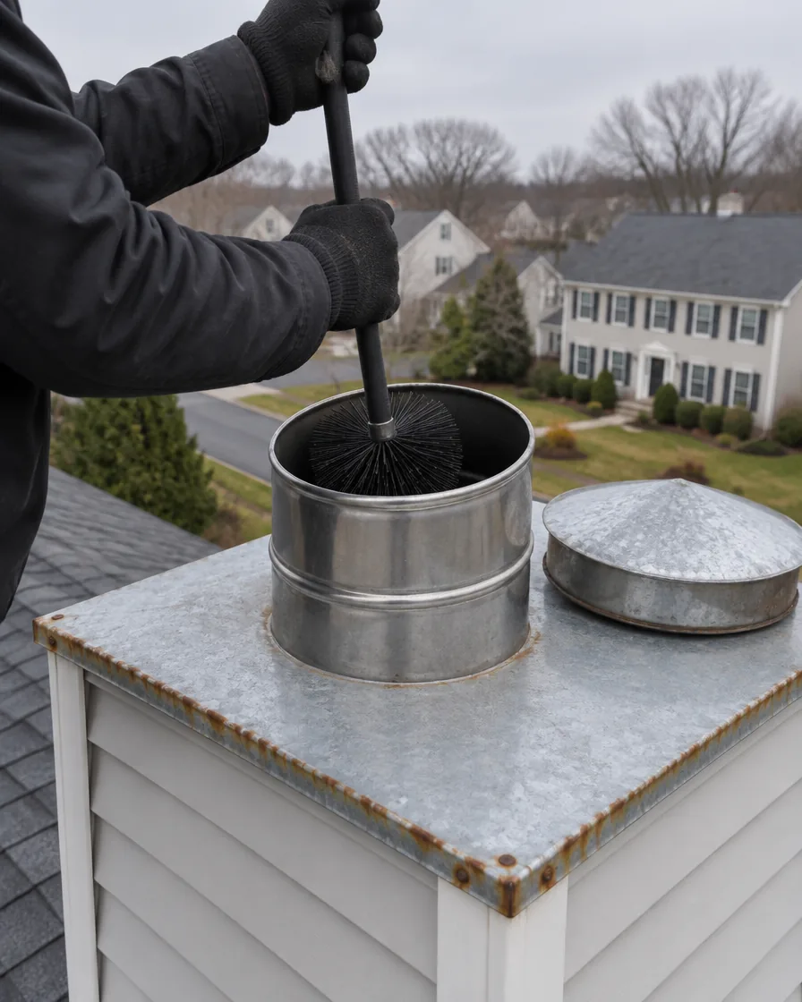 Chimney sweep at a sided chimney chase with a metal cover on a colonial home