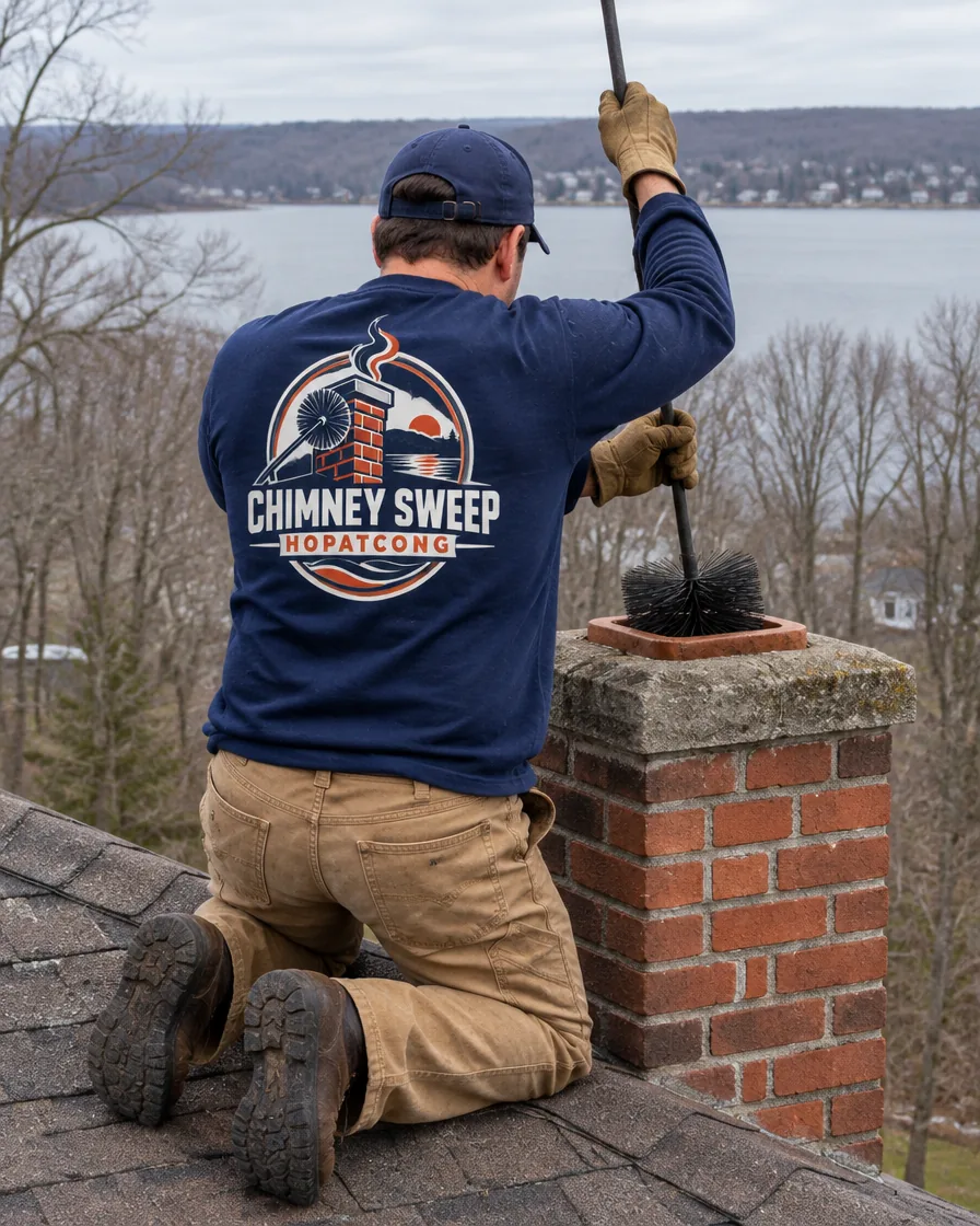Chimney sweep at a brick chimney on a house above a lake