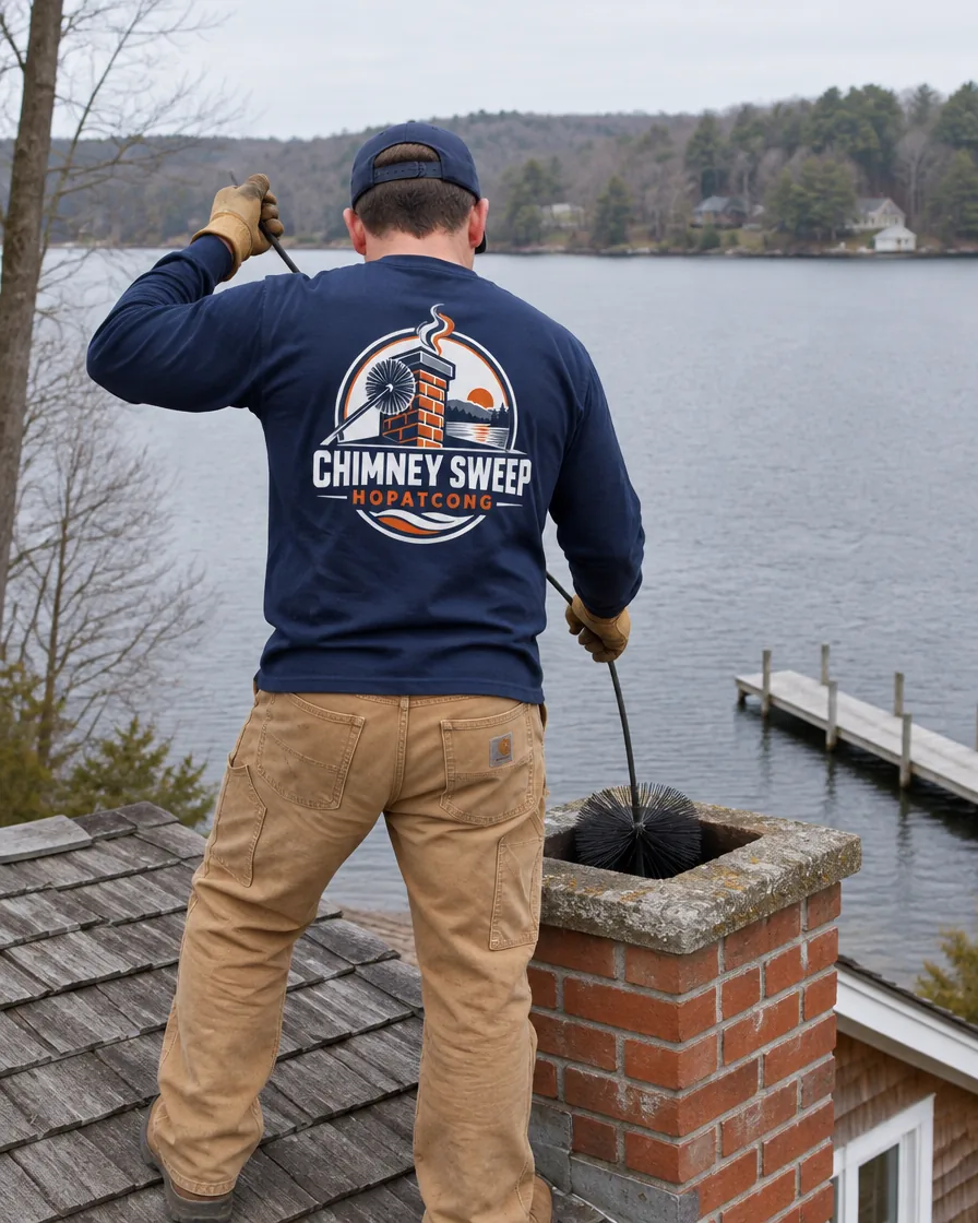 Chimney sweep at the chimney of a small lakeside house with water behind