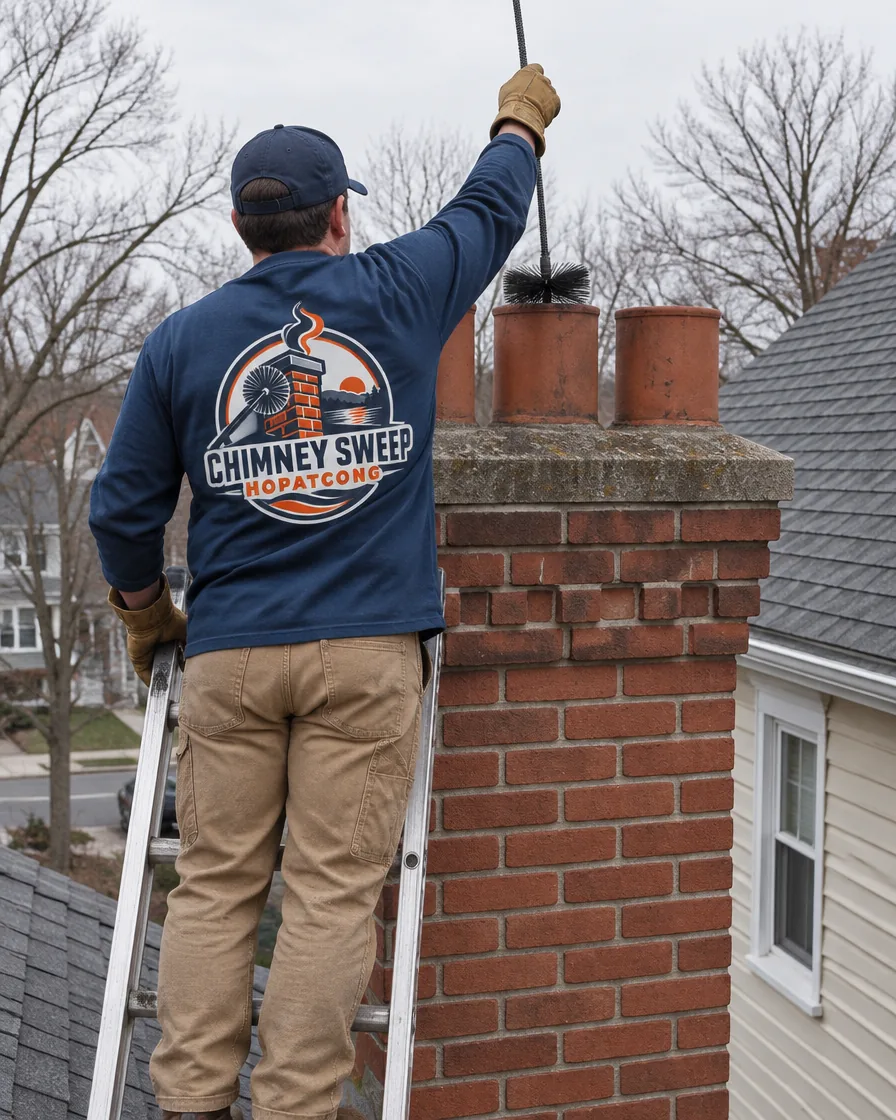 Chimney sweep at a tall multi-flue brick chimney on a Victorian house