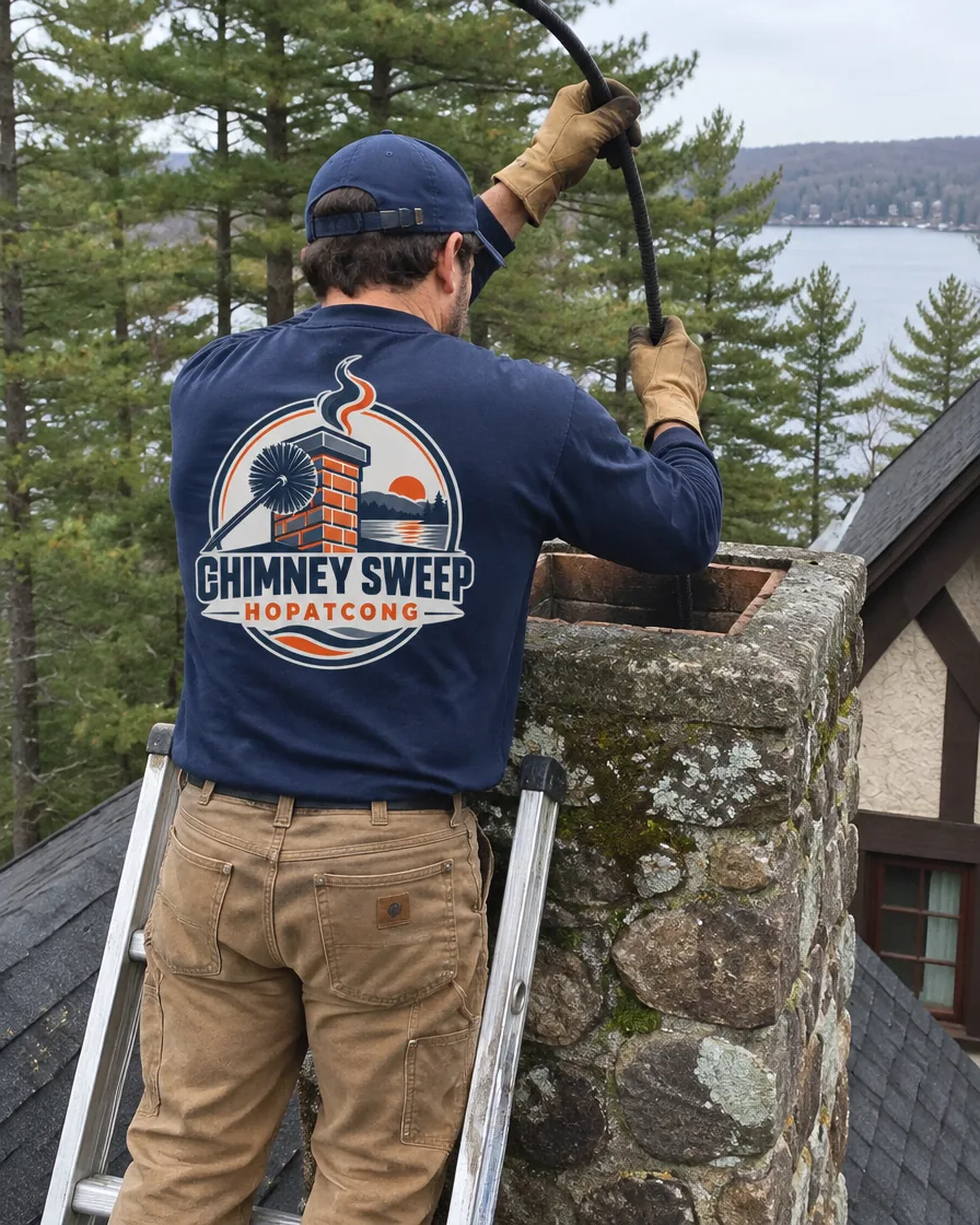 Chimney sweep at a tall stone chimney on a steep-roofed lodge-style home