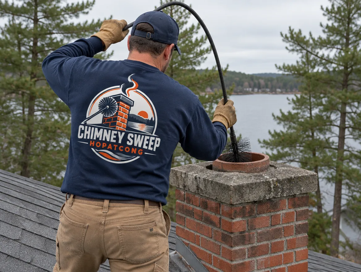Chimney sweep working a brush and rods at the top of a chimney on a shingle roof