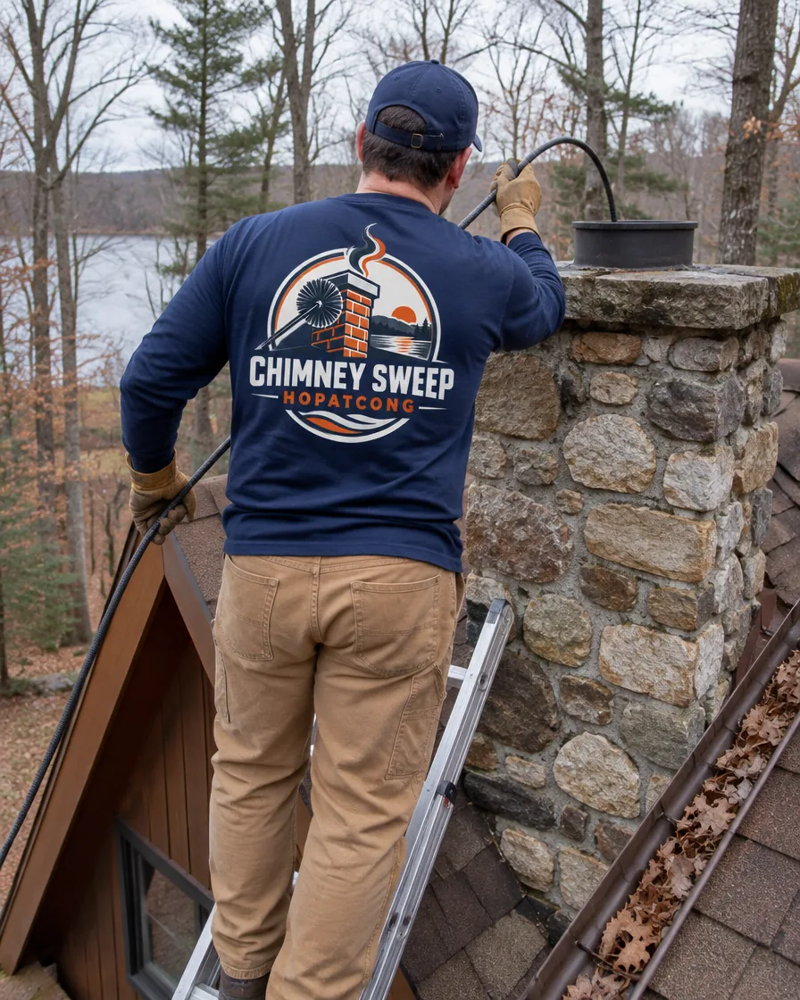 Chimney sweep at a stone chimney on a wood-sided house in the woods