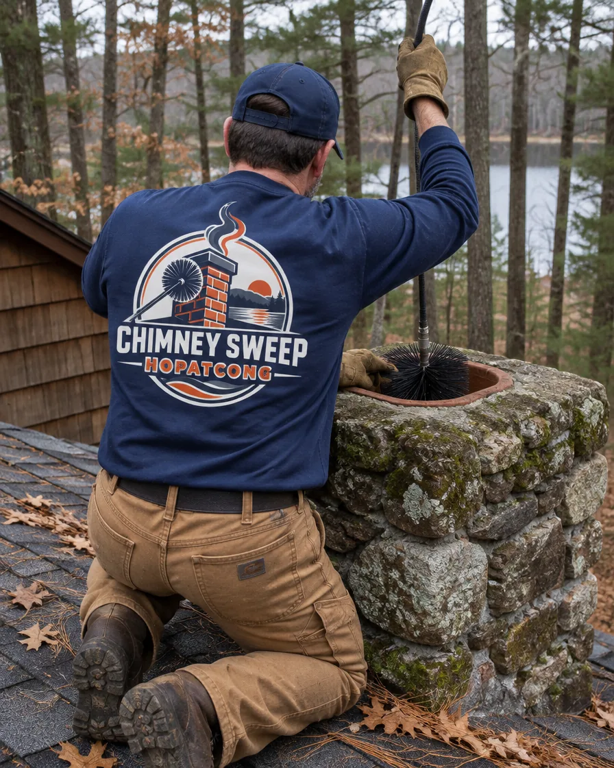 Chimney sweep working at a stone chimney on a wood-sided house under tall trees