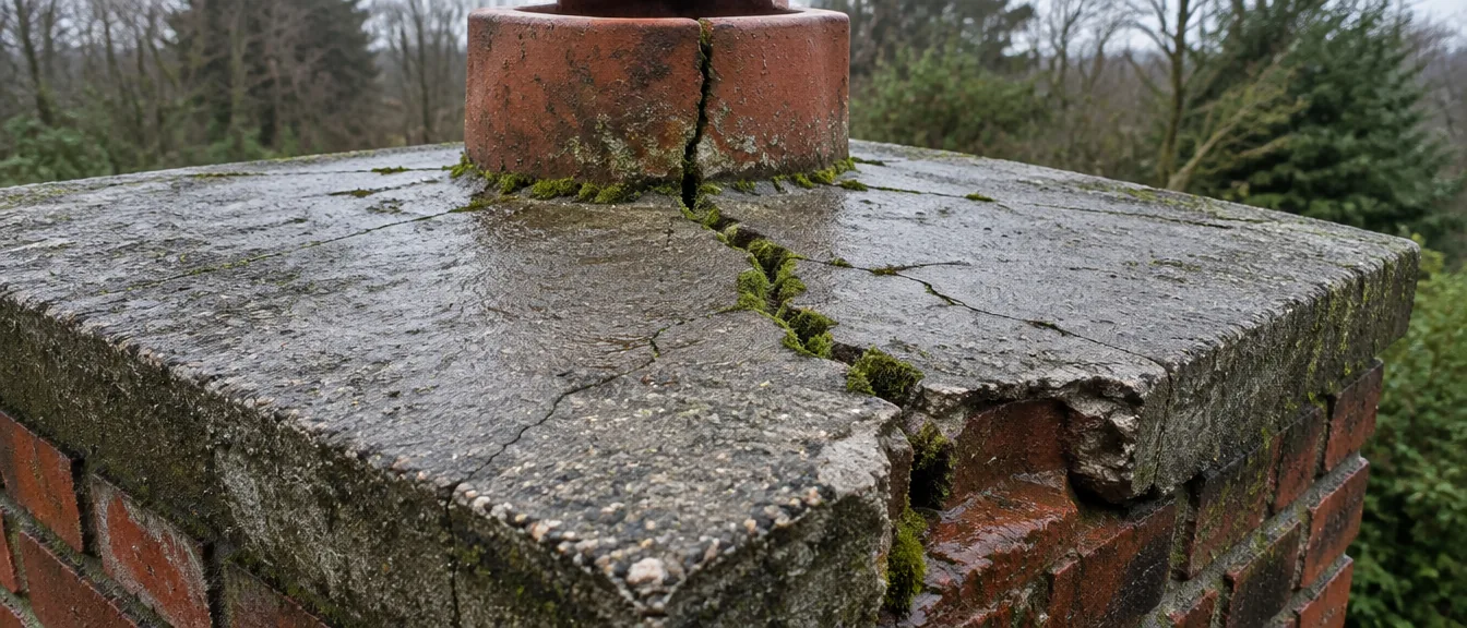 Cracked cement crown on top of a brick chimney