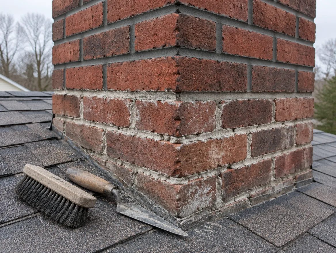 Freshly repointed mortar joints on an old brick chimney