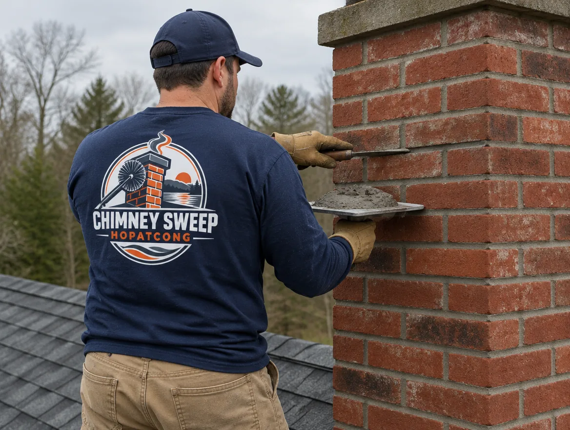 Mason repointing mortar joints on a brick chimney above a shingle roof