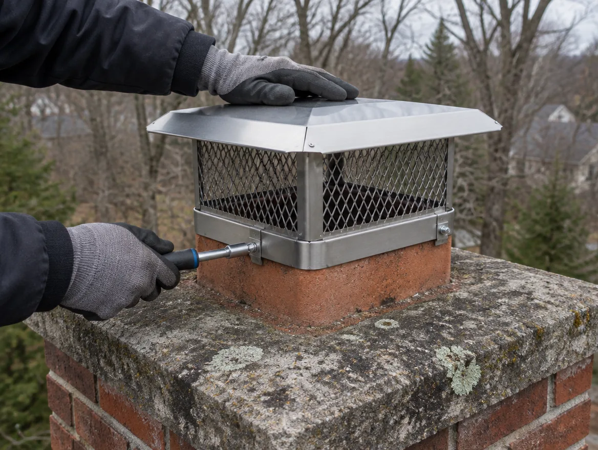 Stainless steel chimney cap being fastened to a clay flue tile