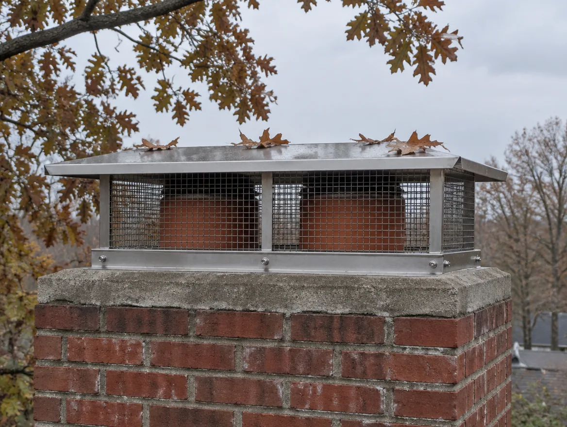 Stainless steel cap covering two flues on a brick chimney