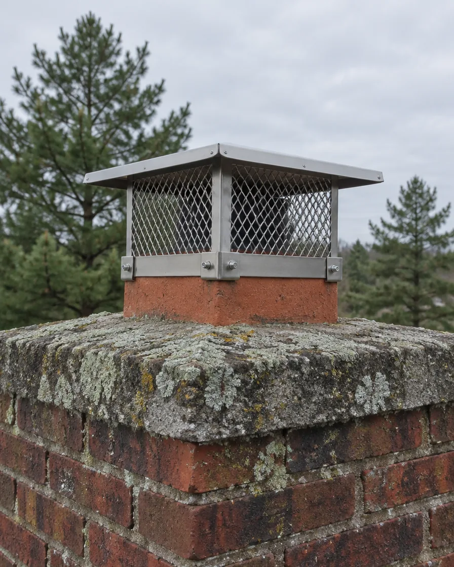 Stainless steel chimney cap fitted on a clay flue tile
