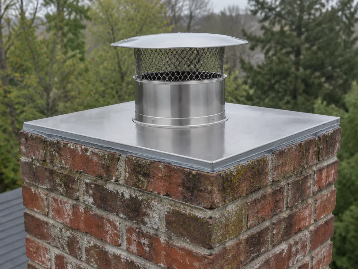 Stainless steel chimney liner termination on top of a brick chimney
