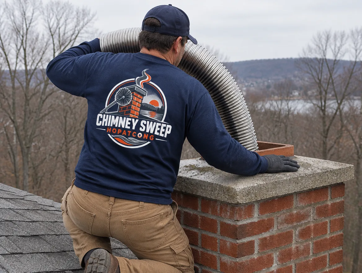 Stainless steel chimney liner being lowered into a masonry flue from the roof