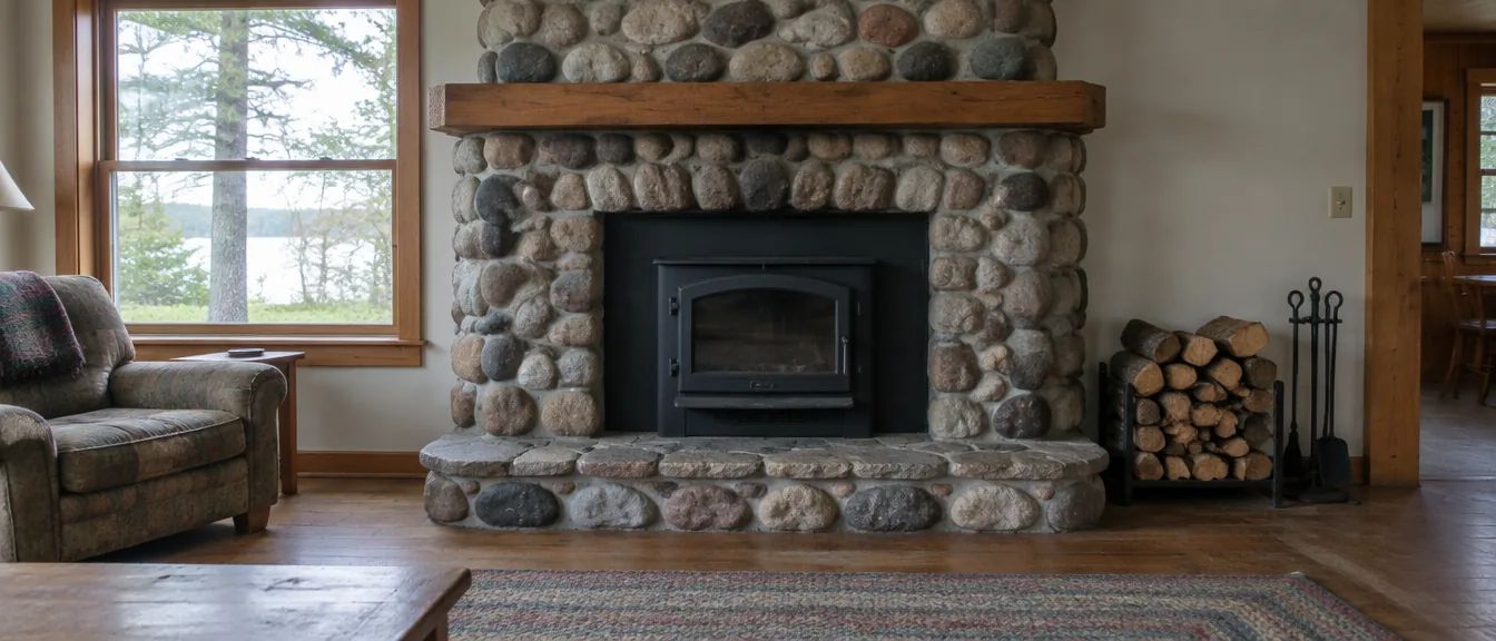 Stone fireplace in a living room with a wood stove insert