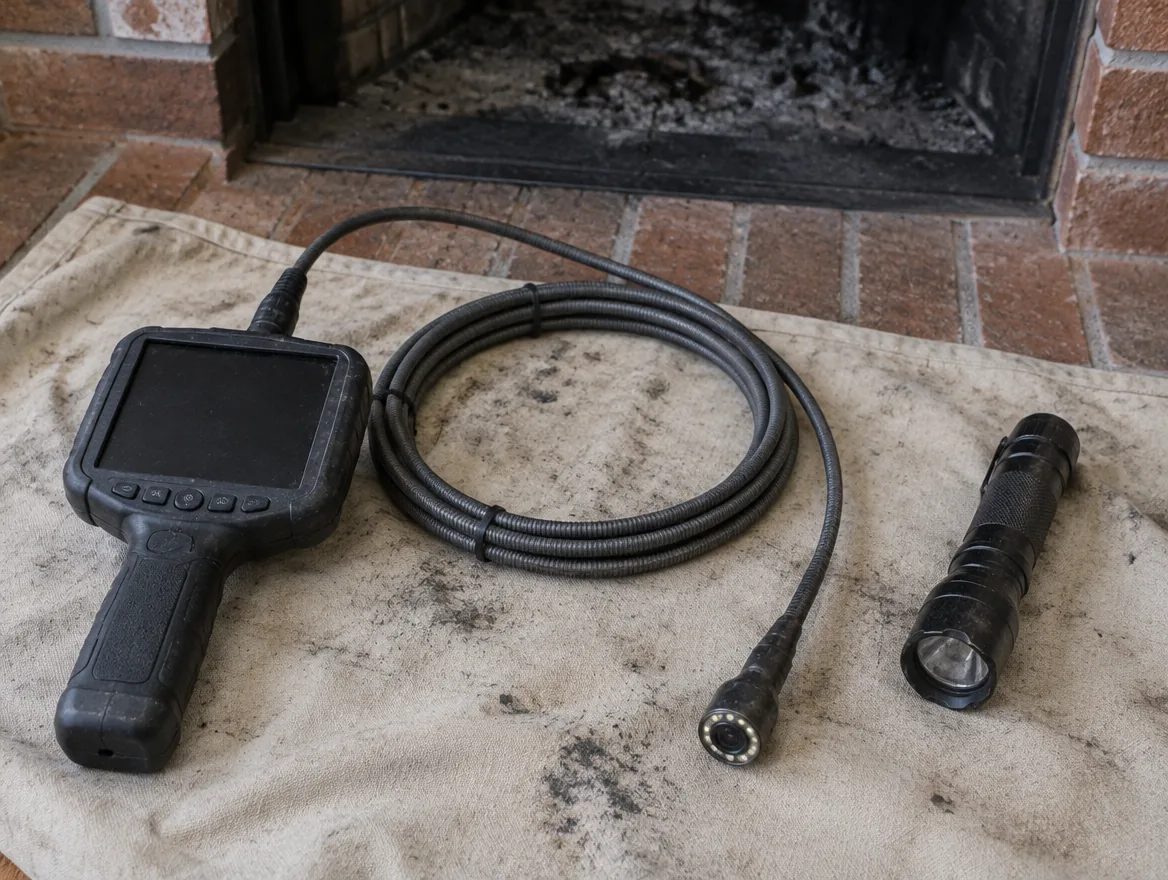 Chimney inspection camera, monitor and flashlight on a drop cloth at a fireplace