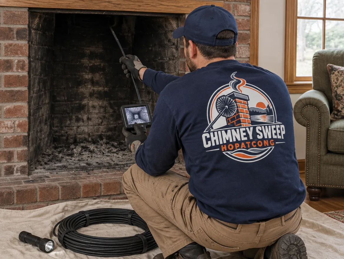 Technician checking an inspection camera monitor at a fireplace opening