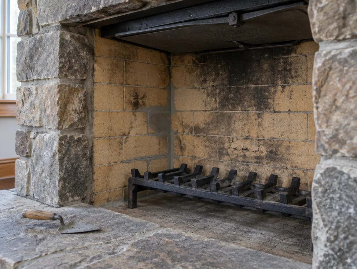 Masonry firebox with firebrick walls and a steel grate