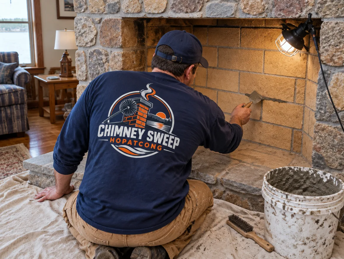 Technician repairing mortar joints between firebricks inside a fireplace