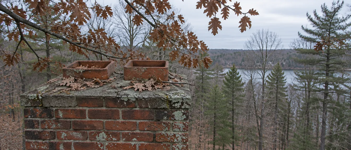Uncapped clay flue tiles on a chimney surrounded by tall trees