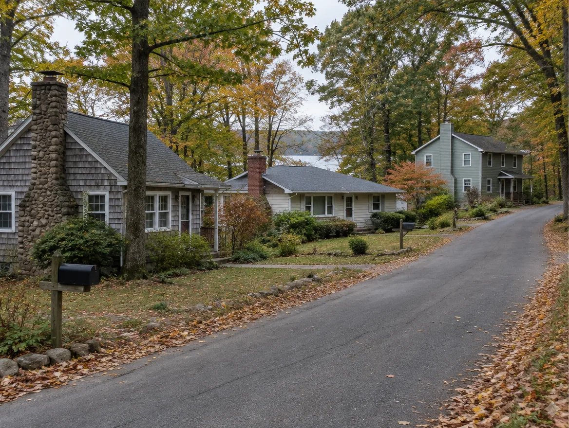 Wooded residential street of lake-community homes with chimneys